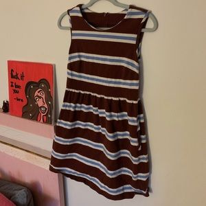 Brown white and blue striped fit and flare dress